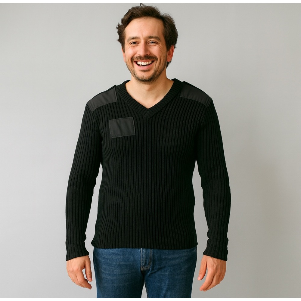 Citadel V Neck Wool Sweater Black Ribbed Knit Shoulder Patches Size‎ 42